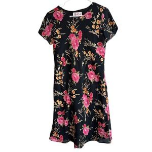 Vintage 90's Midi Dress Black Floral Print Short Sleeve Sz 10 Midi Dress